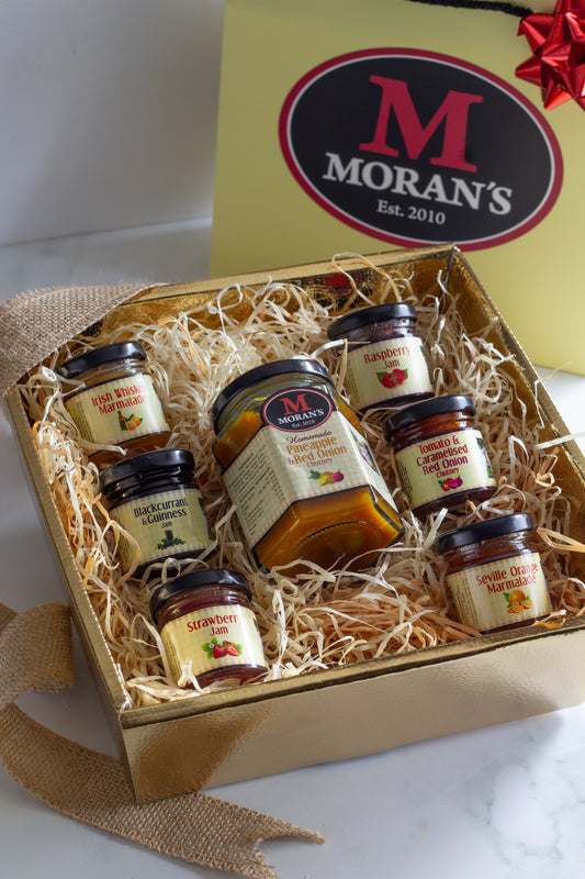 Moran's jam set in a hamper with a visible brand logo.